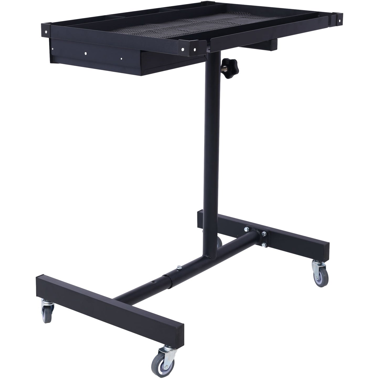 The Adjustable Tear Down Work Table features a rectangular top, central steel support, drawer, and four 2.5" swivel casters for easy mobility. Ideal for garages and repair shops, it supports up to 220 lbs and has protective rubber corners.