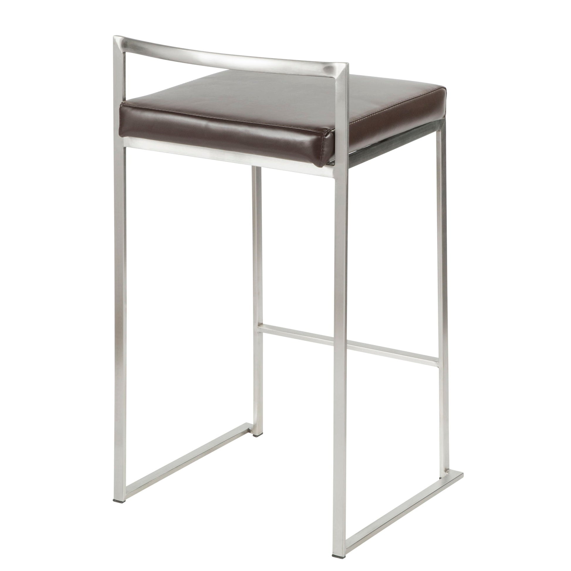 The Fuji Contemporary Stackable Counter Stool (Set of 2) features a sleek metal frame and a rectangular dark brown cushioned seat, elegantly displayed at an angle on a white background.