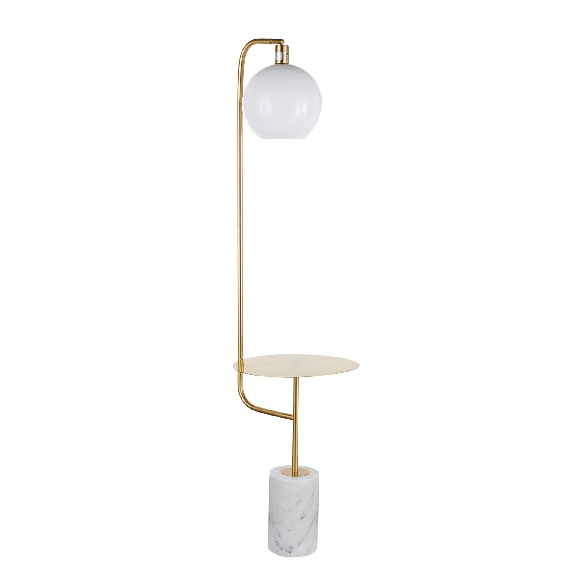 The Symbol Contemporary/Glam Floor Lamp Side Table features a round white globe shade, gold metal frame, small circular side table, and a cylindrical white marble base.