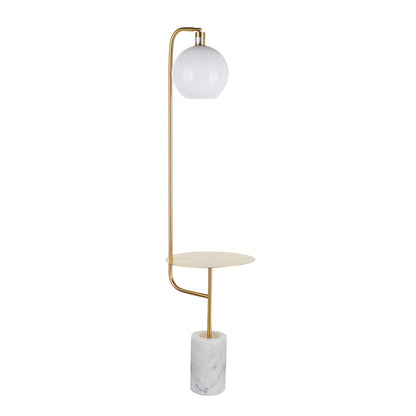 The Symbol Contemporary/Glam Floor Lamp Side Table features a round white globe shade, gold metal frame, small circular side table, and a cylindrical white marble base.