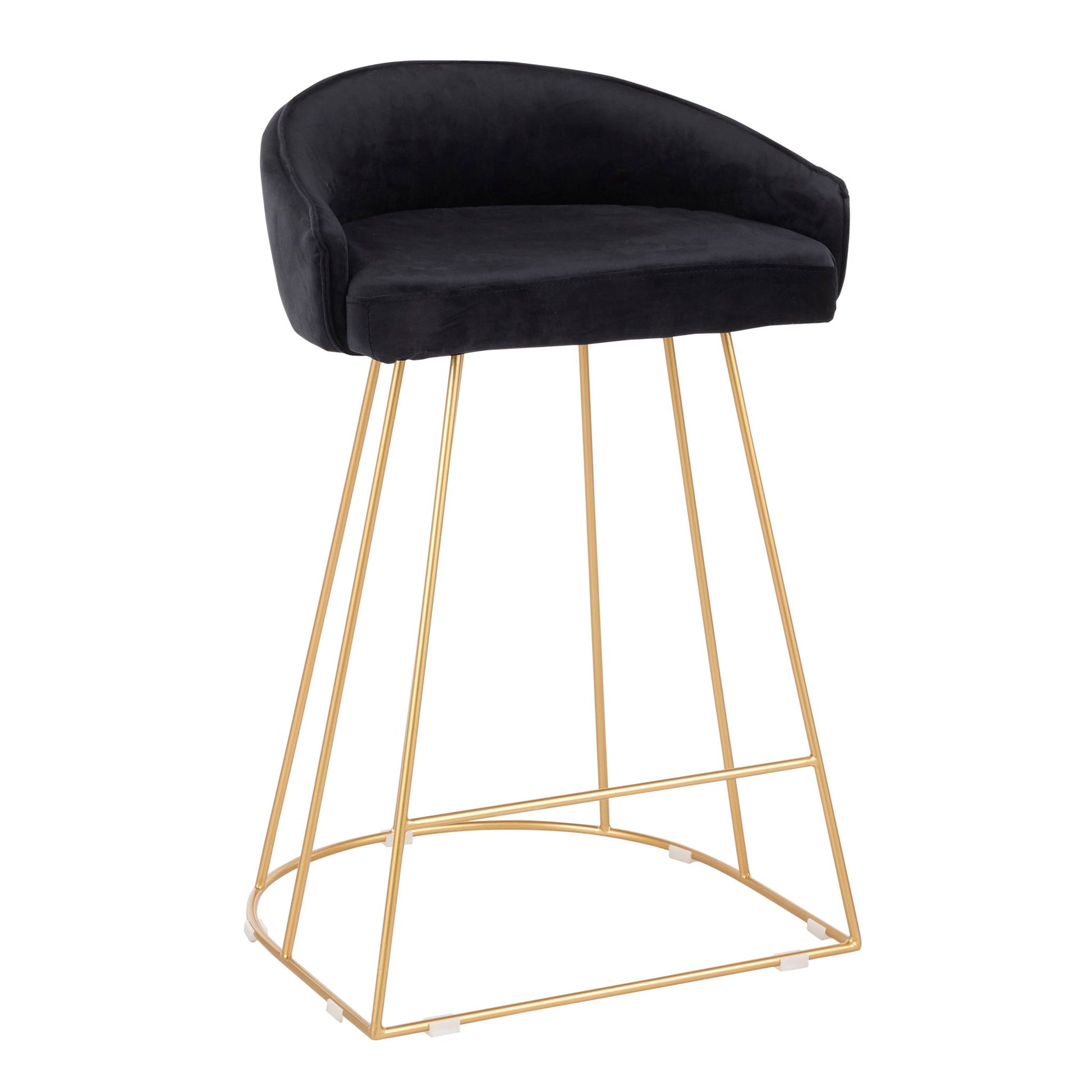 The Canary - Contemporary Counter Stool (Set of 2) features a curved black upholstered seat and slim gold metal legs arranged in a geometric base for a modern look.