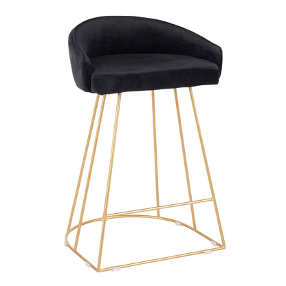 The Canary - Contemporary Counter Stool (Set of 2) features a curved black upholstered seat and slim gold metal legs arranged in a geometric base for a modern look.