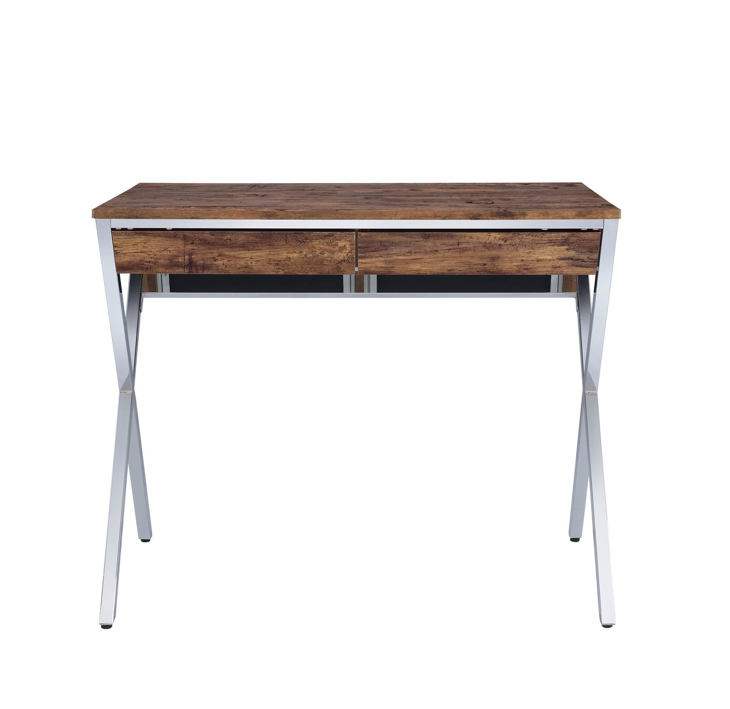 The Callers Weathered Writing Desk in Chrome/Oak features a rustic finish, two front drawers, and angled metal legs, shown against a plain white background.