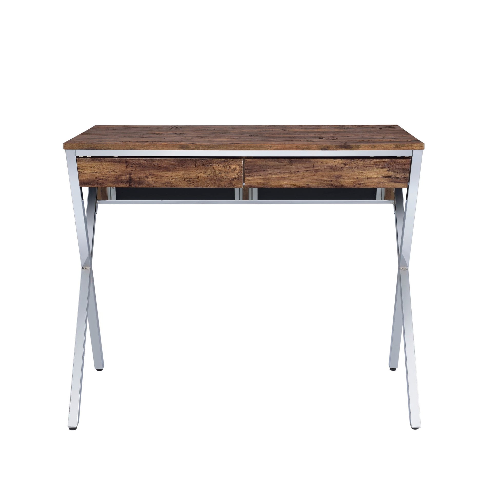 The Callers Weathered Writing Desk in Chrome/Oak features a rustic finish, two front drawers, and angled metal legs, shown against a plain white background.