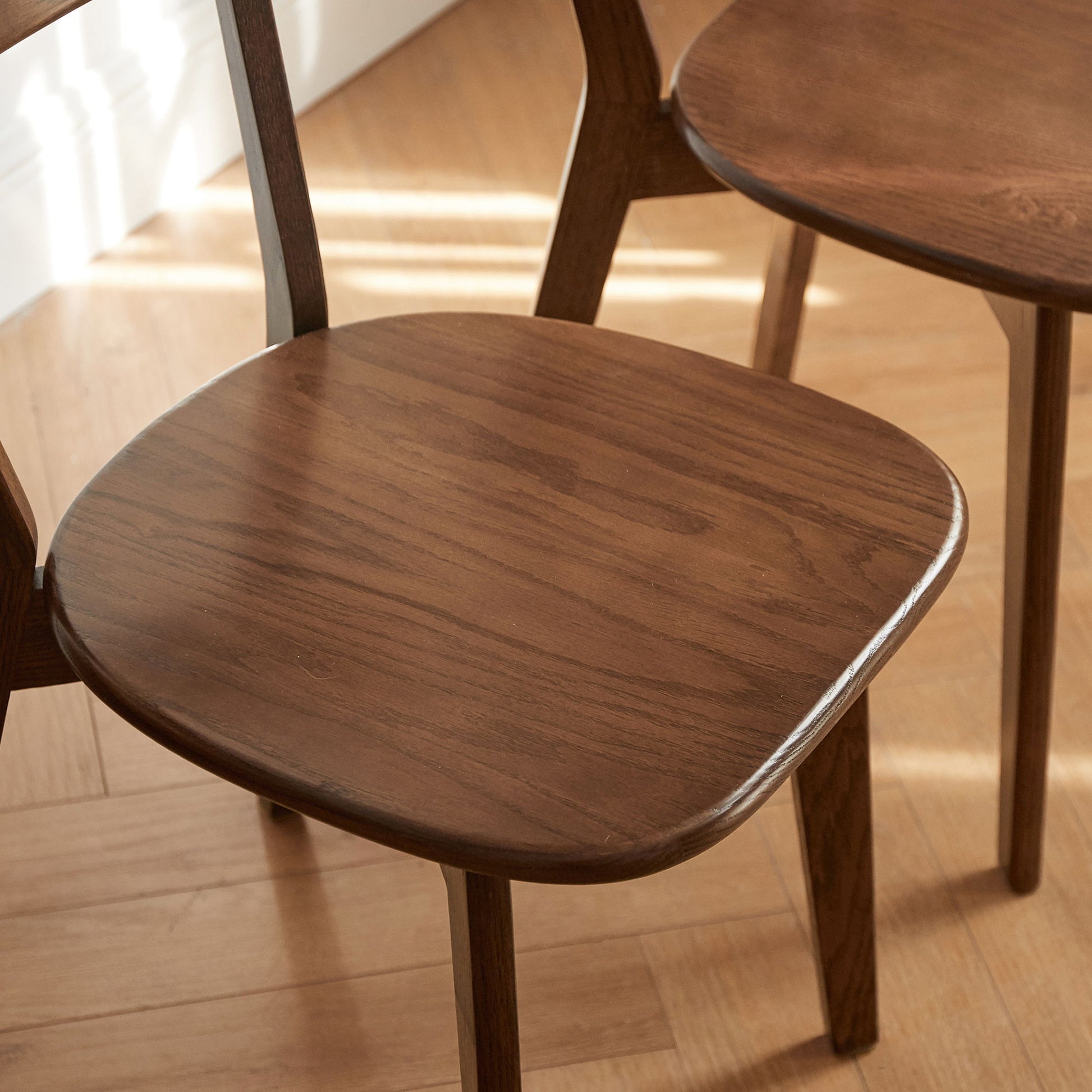 Close-up of two Simple Dining Chairs with smooth, rounded seats and angled legs on a light wood floor, sunlight streaming in from the side. Solid Chair Table for Living Room Chair.