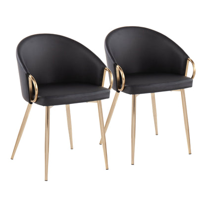 Two Claire - Contemporary Glam Chairs with black upholstered seats, curved backs, gold metal legs, and gold armrests are placed side by side on a white background.