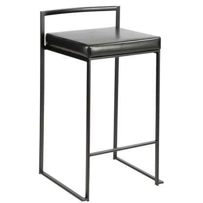 The Fuji Contemporary Style Stackable Counter Stool features a minimalist design with a black metal frame, low backrest, and square black cushioned seat—offering clean lines and no armrests for a modern look.