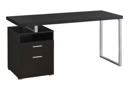 The Computer Desk for Home Office features a thick black rectangular tabletop, metal legs, and a left-side storage unit with two drawers and an open shelf, offering a contemporary and modern design ideal for laptops.