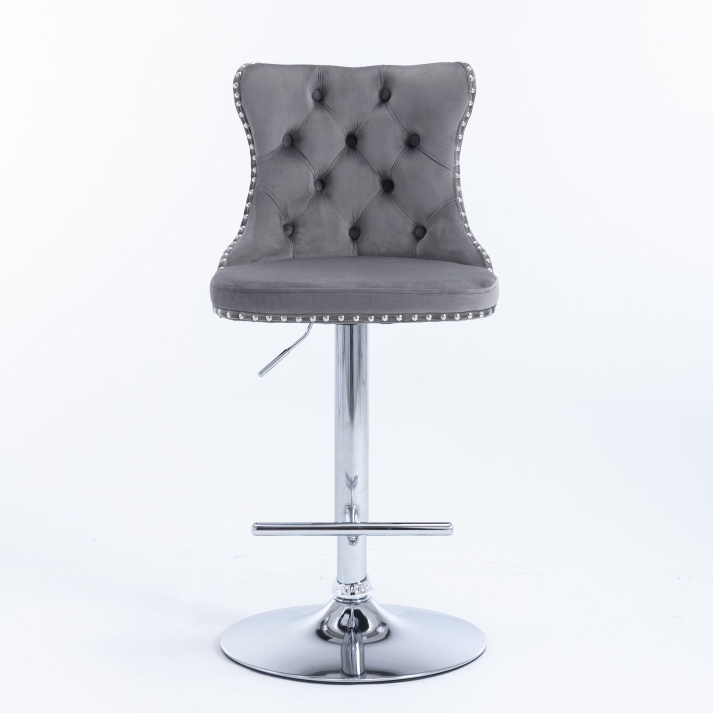Set of 2 Swivel Velvet Barstools with tufted backs, adjustable seat height from 25–33", cushioned seats, chrome base with footrest, and silver stud accents. Perfect for home pub or kitchen island. Shown against a white background.