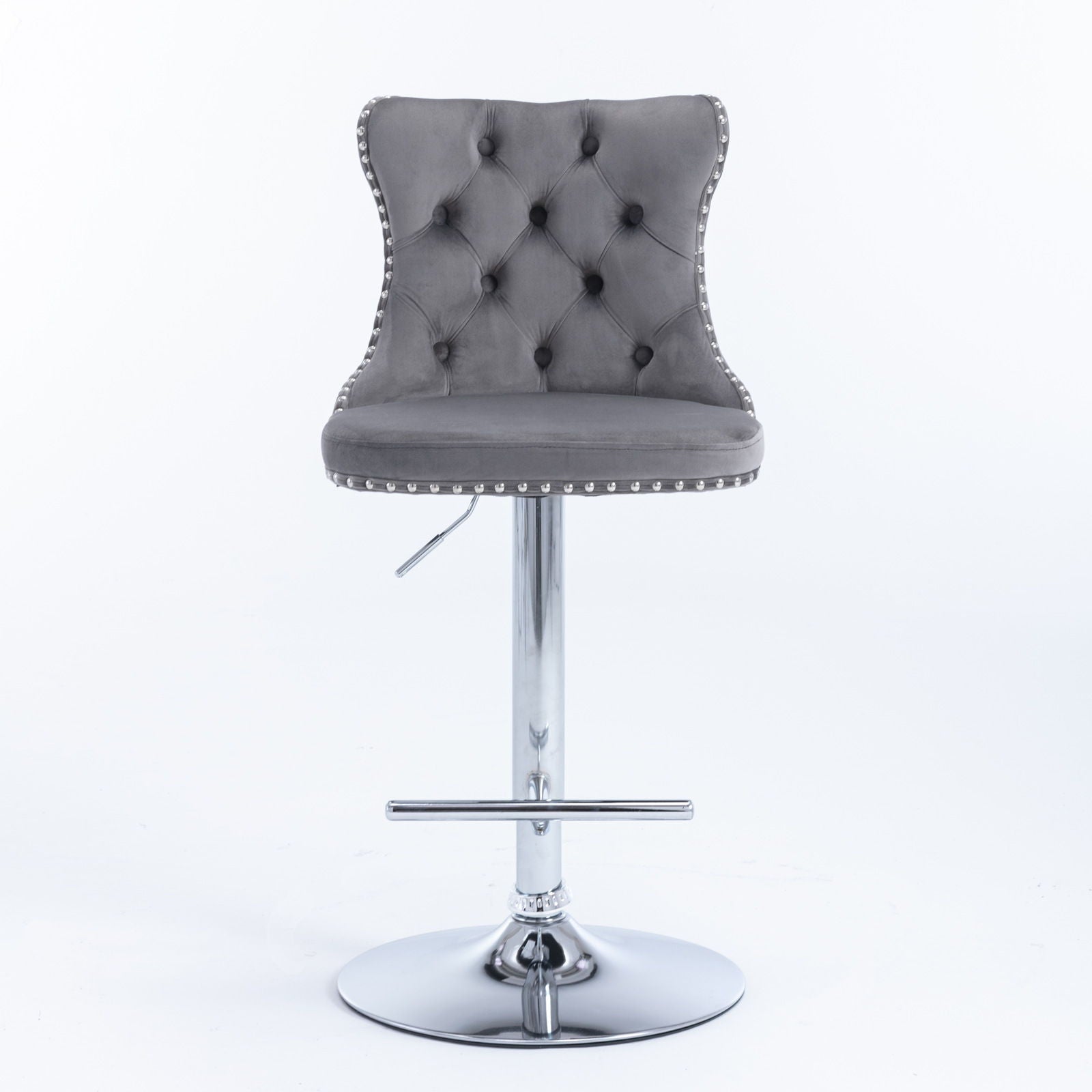 Set of 2 Swivel Velvet Barstools with tufted backs, adjustable seat height from 25–33", cushioned seats, chrome base with footrest, and silver stud accents. Perfect for home pub or kitchen island. Shown against a white background.