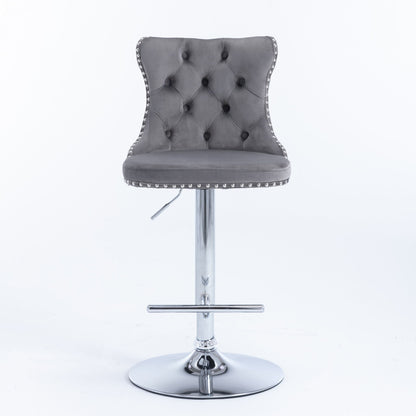 Set of 2 Swivel Velvet Barstools with tufted backs, adjustable seat height from 25–33", cushioned seats, chrome base with footrest, and silver stud accents. Perfect for home pub or kitchen island. Shown against a white background.