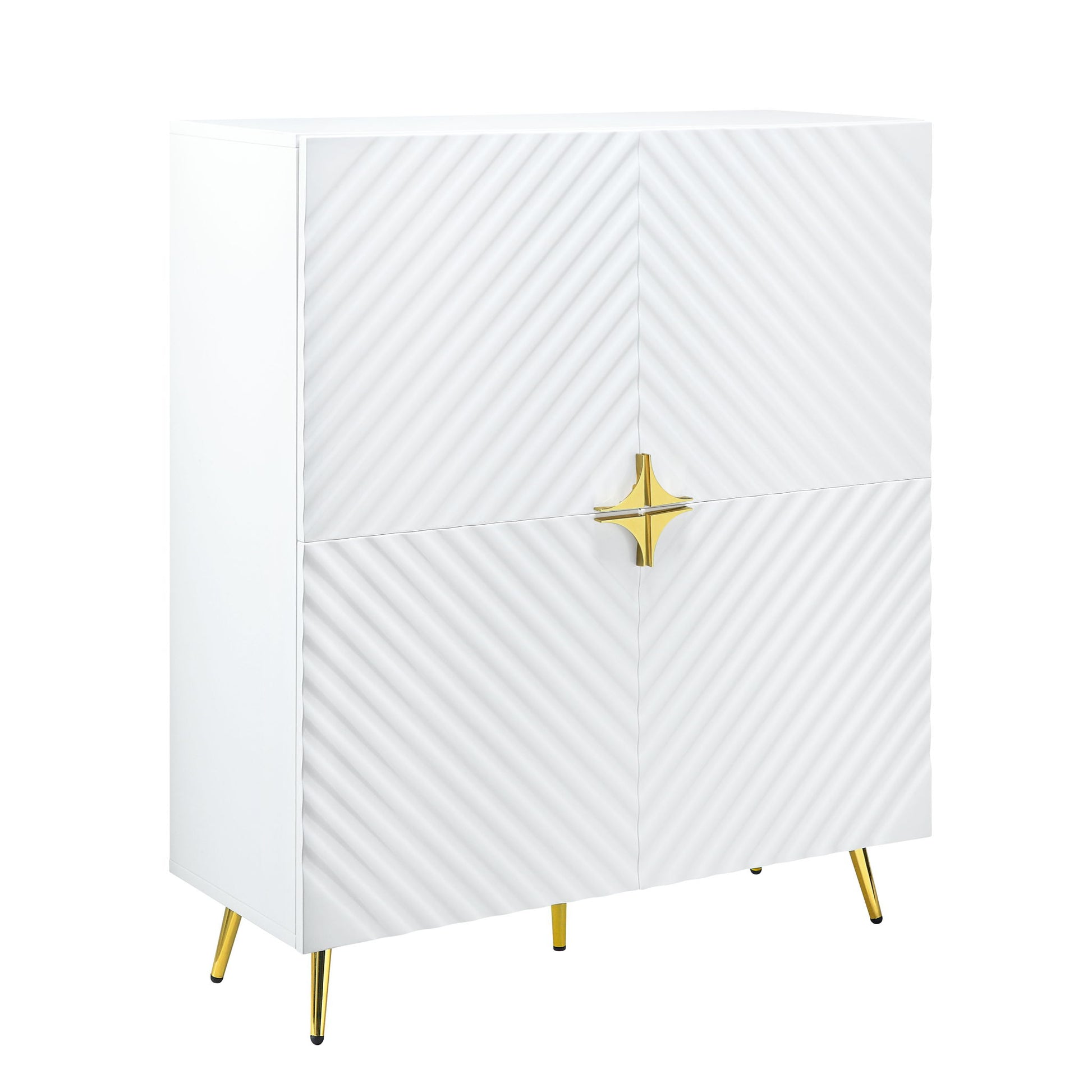 The Gaines High Gloss Accent Cabinet features a modern white finish with textured diagonal grooves on four doors, gold legs, and a central gold star-shaped handle for a minimalist yet glamorous look.