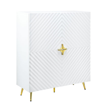 The Gaines High Gloss Accent Cabinet features a modern white finish with textured diagonal grooves on four doors, gold legs, and a central gold star-shaped handle for a minimalist yet glamorous look.