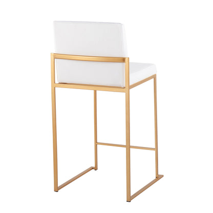 The Fuji - Contemporary High Back Stylish Counter Stool features a gold metal frame and white cushioned seat and backrest, shown from the back on a white background.