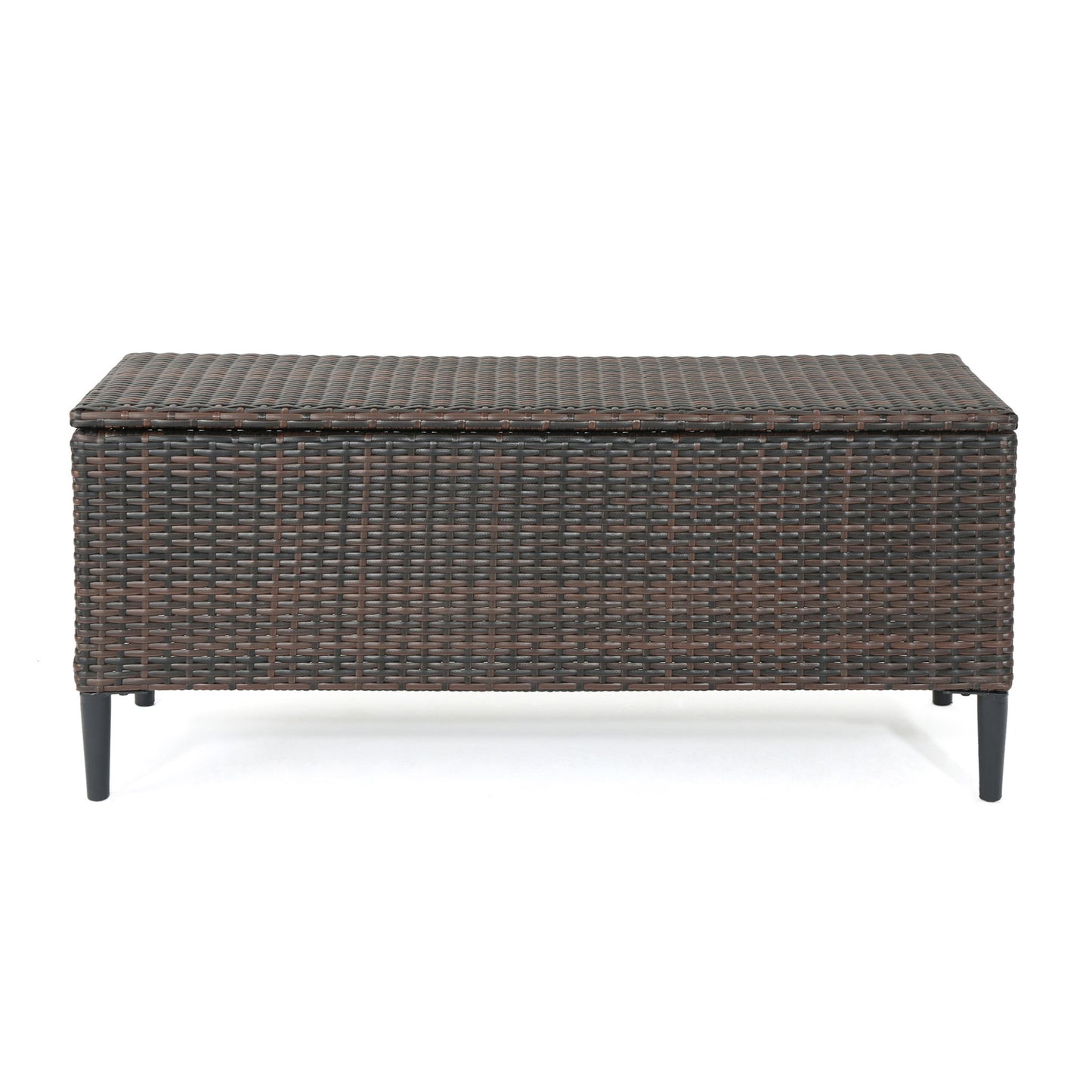 The Rupert Storage Unit is a rectangular resin wicker outdoor box in dark brown with a woven rattan design, hinged lid, and four black legs.