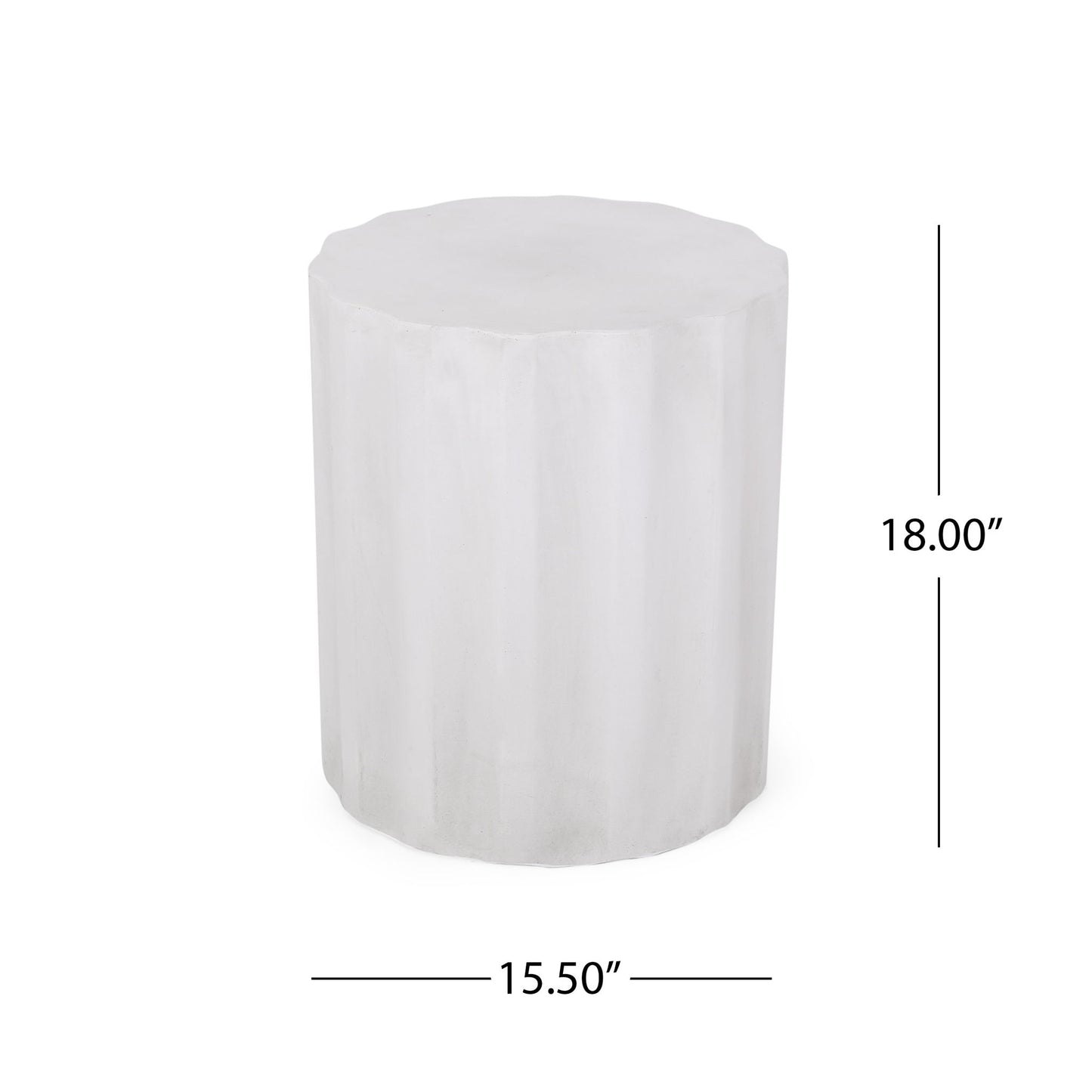 The Outdoor End Table With Soft Wave Edge in Antique White is a cylindrical table with a textured surface, standing 18 inches tall and 15.5 inches in diameter—ideal as a stool or side table.