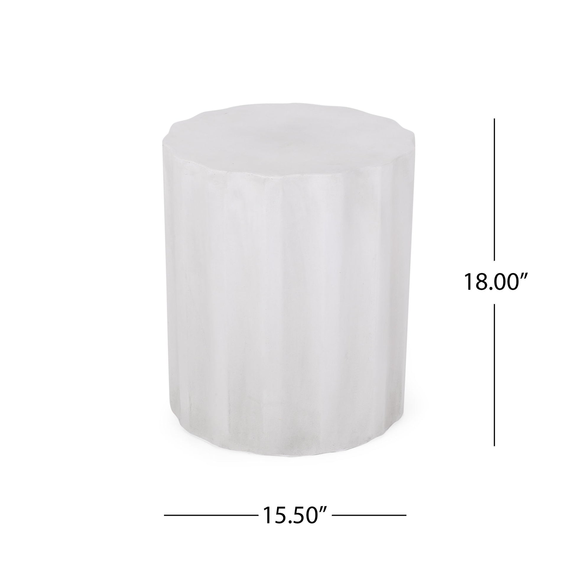 The Outdoor End Table With Soft Wave Edge in Antique White is a cylindrical table with a textured surface, standing 18 inches tall and 15.5 inches in diameter—ideal as a stool or side table.