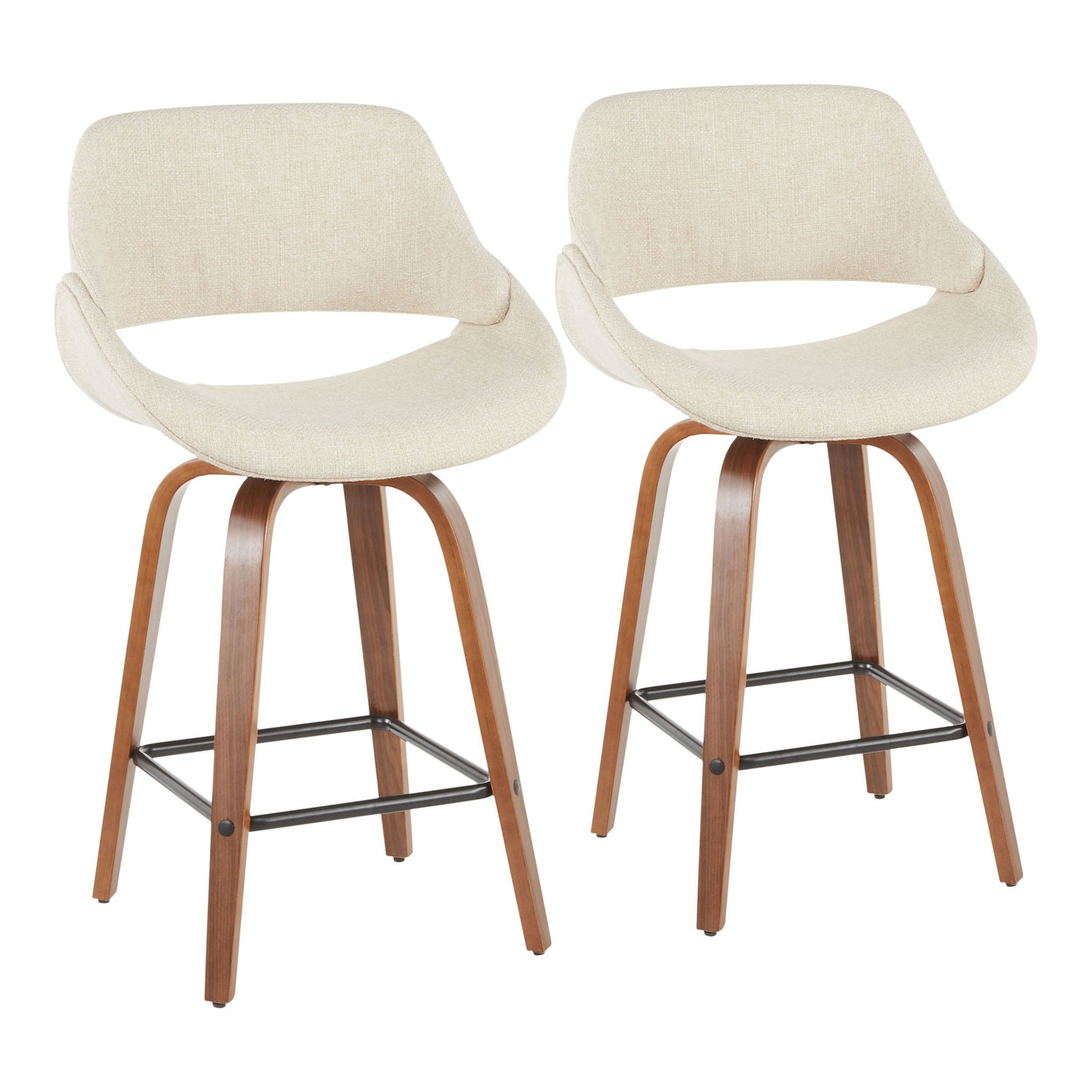 The Fabrico Mid-Century Modern Counter Stools (Set of 2) feature light beige cushioned seats, curved backrests, and wooden legs with black metal footrests, shown against a white background.