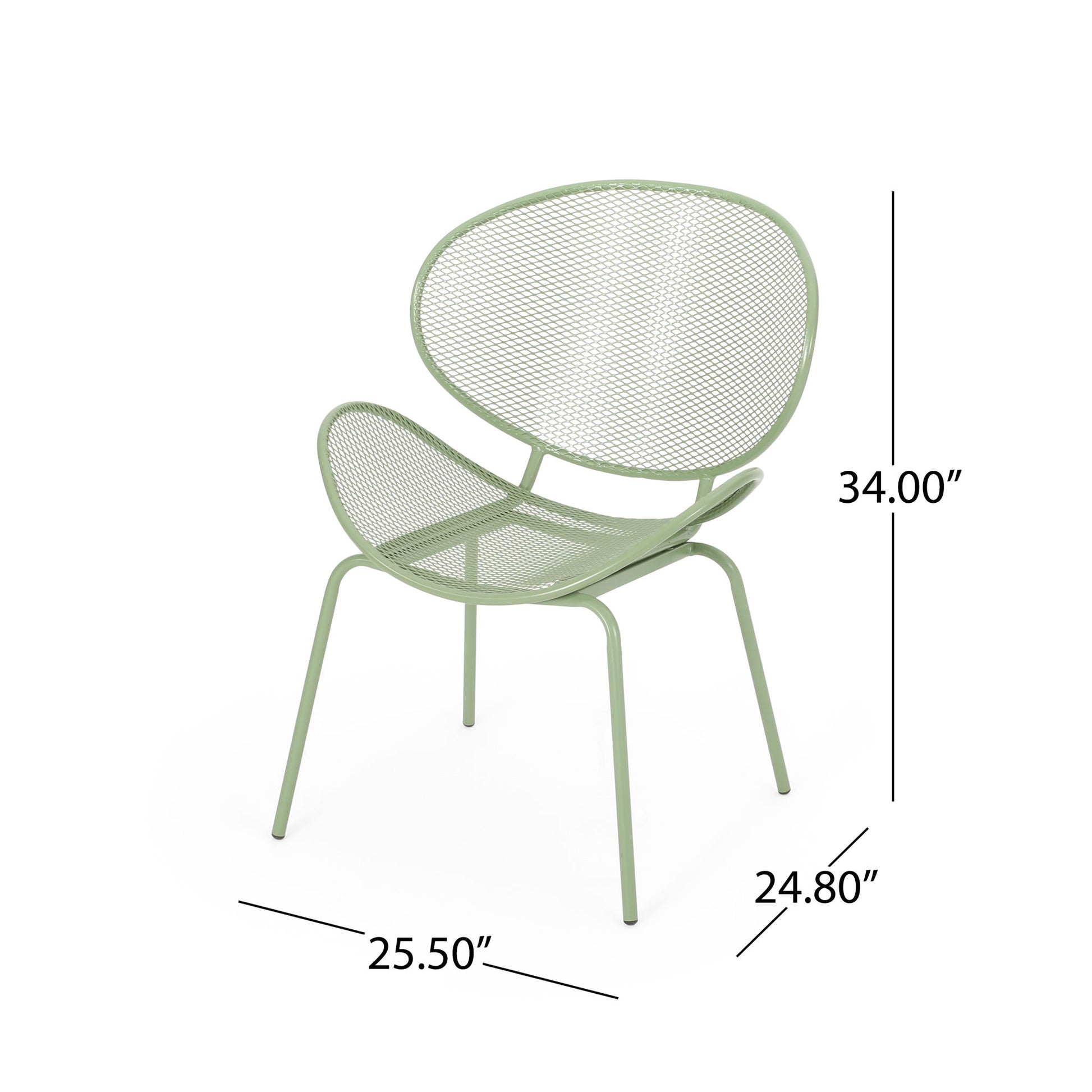 The Elba - Contemporary Chair Set for Outdoor Relaxation features a light green metal mesh design, rounded backrest and seat, four slender legs, and measures 34"H x 25.5"W x 24.8"D—perfect for stylish comfort outside.