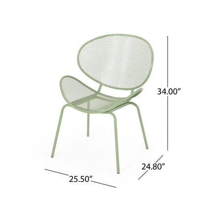 The Elba - Contemporary Chair Set for Outdoor Relaxation features a light green metal mesh design, rounded backrest and seat, four slender legs, and measures 34"H x 25.5"W x 24.8"D—perfect for stylish comfort outside.