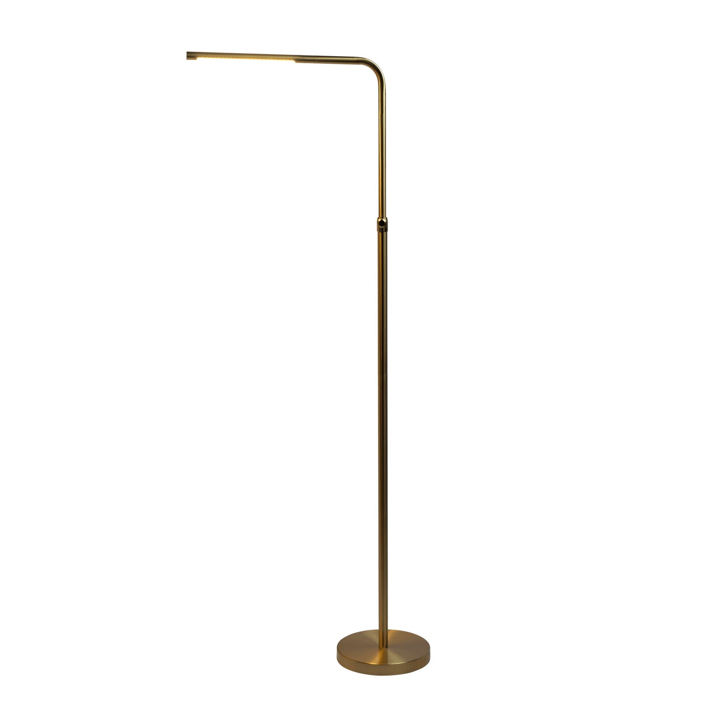 The Verve Floor Lamp features a modern gold finish, slim straight pole, right-angled horizontal adjustable LED light bar, and a round base with an on/off switch.