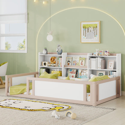 Platform Floor Bed With Guardrail Fence And Side Storage Shelves