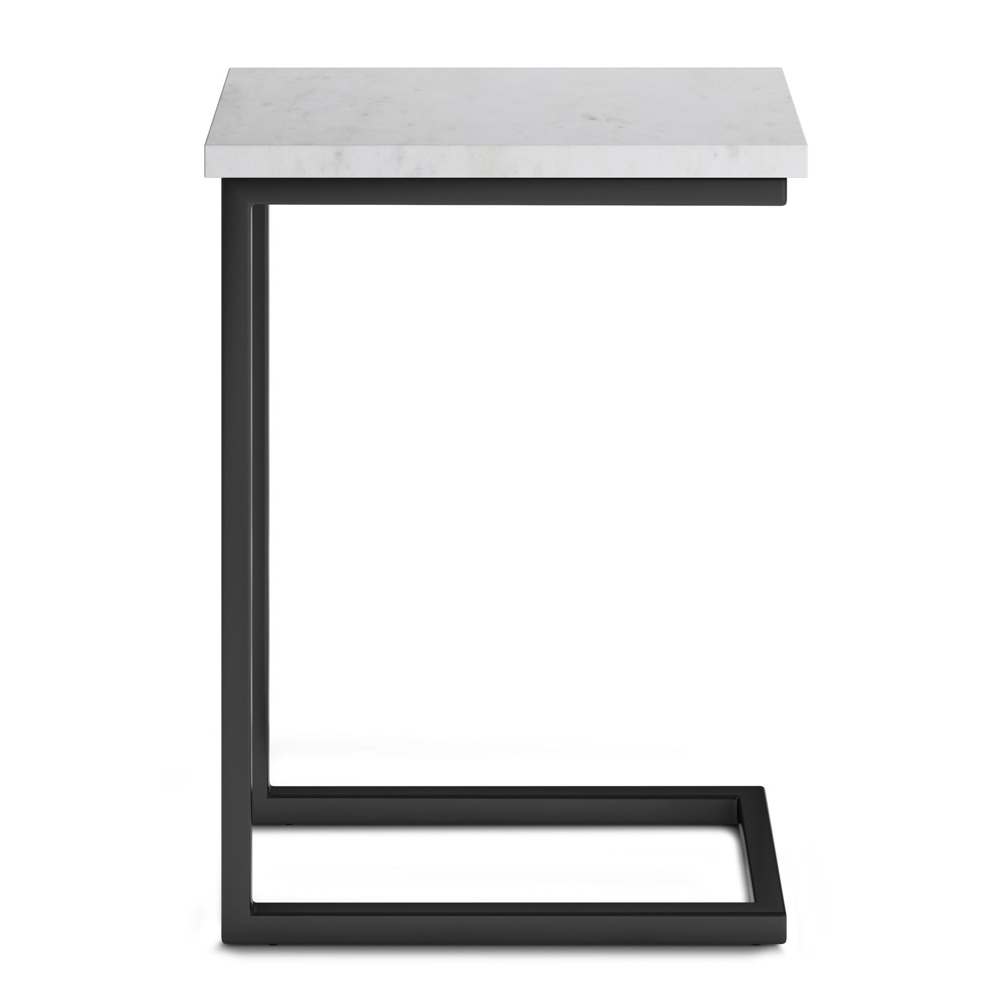 The Skyler - Handcrafted C Side Table features a white marble top and black metal frame, with a modern design that allows the base to slide under your sofa or chair for added convenience.