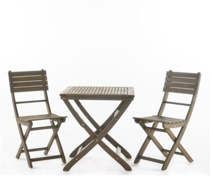 The Positano - Foldable Dining Set, featuring two brown wooden folding chairs and a matching square table with a simple slatted design, is arranged on a plain white background. Suitable for both indoor and outdoor use.
