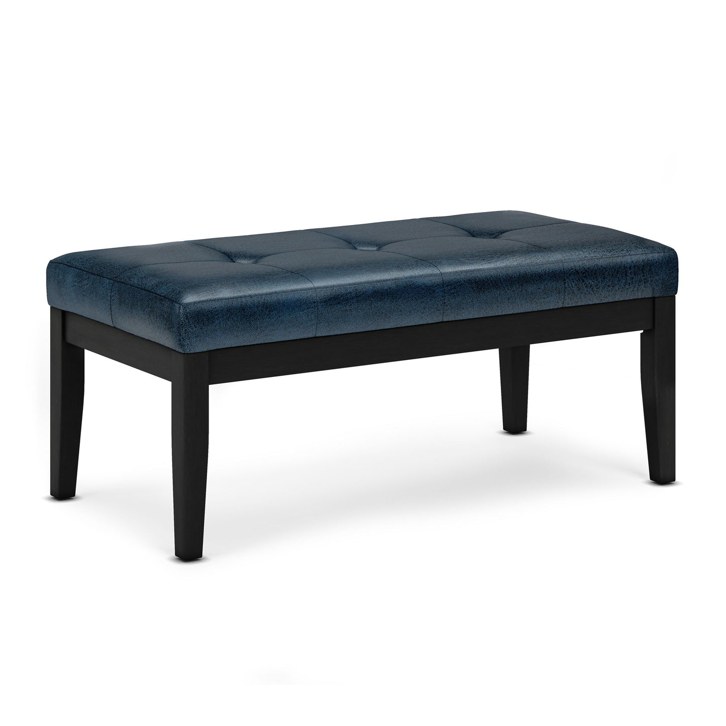 The Lacey Upholstered Tufted Ottoman Bench features a navy blue tufted cushion and four black wooden legs, shown against a white background.