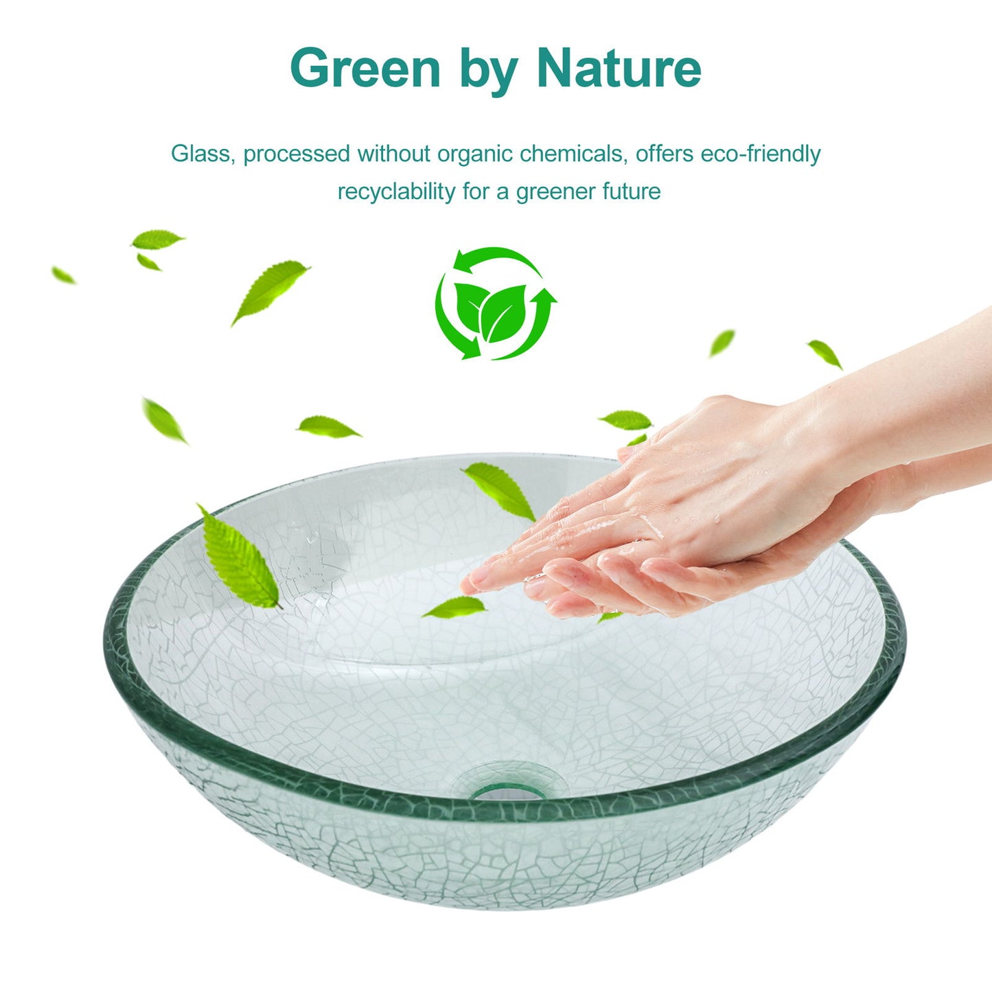 Crackle Vessel Sink, Round Bowl With Pop Up Drain - Clear