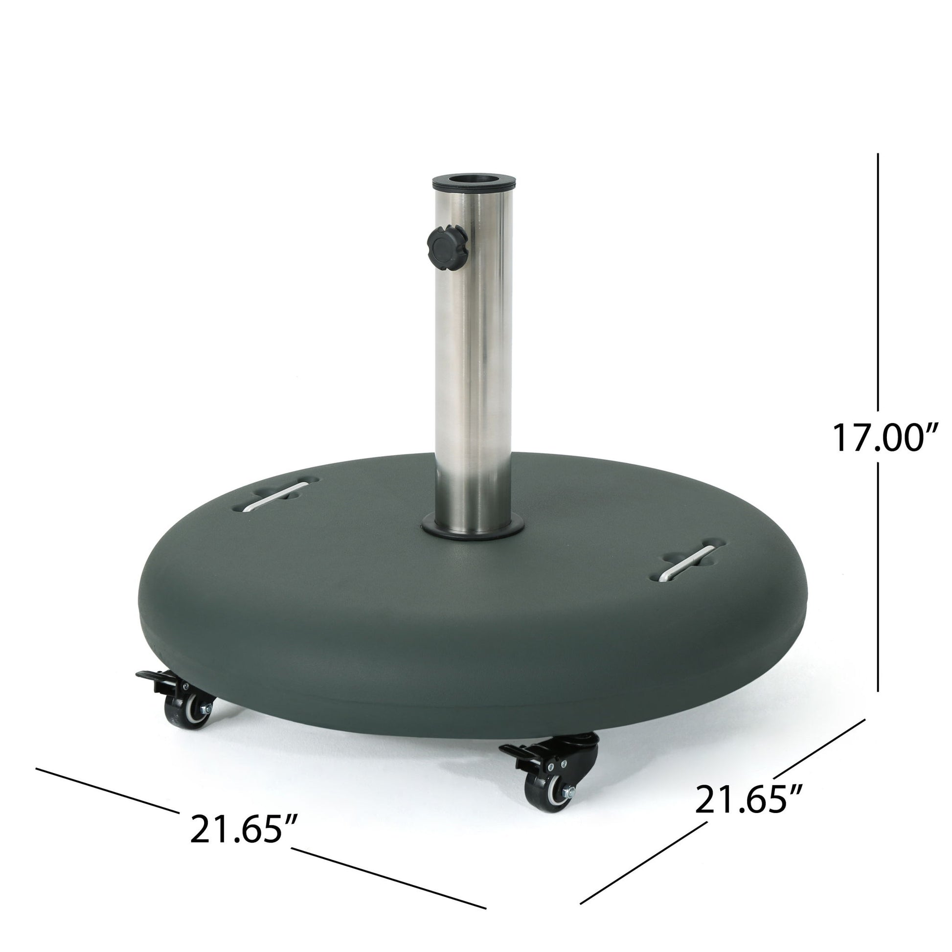 The Wheelie - Round Umbrella Base With Stainless Steel Holder is black, 17" high, 21.65" in diameter, has four caster wheels, two handles for easy movement, and a metal pole holder.