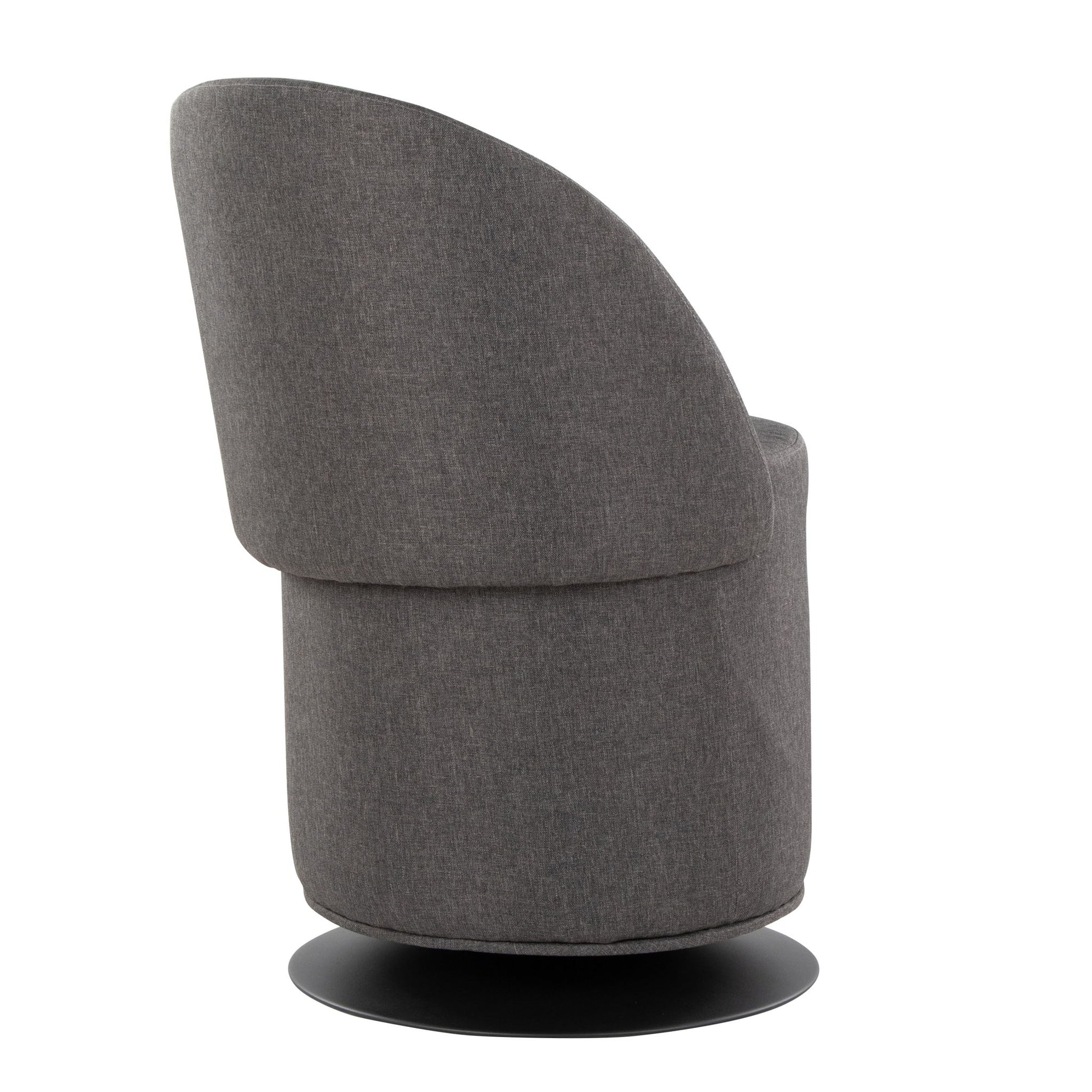 The Finch Contemporary Chair features modern gray upholstery, a curved backrest, and a round black swivel base, displayed from a rear-side angle against a white background.