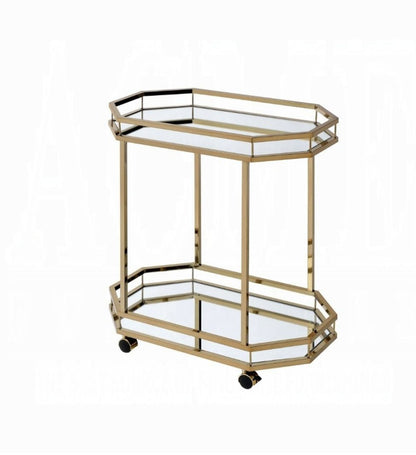 The Lacole Mirror Serving Cart in champagne features a geometric metal frame, two glass shelves, and four black caster wheels, displayed against a white background.