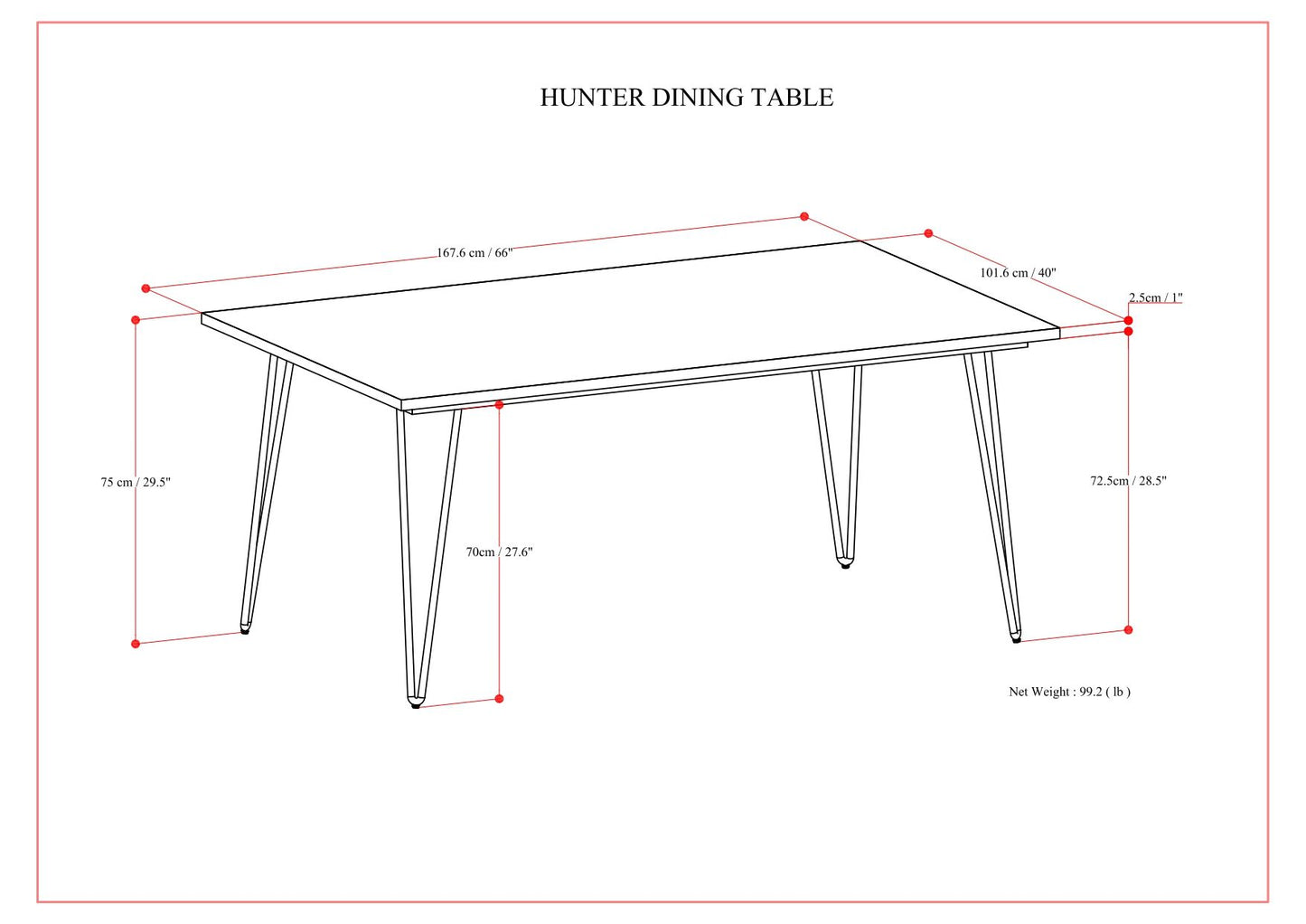 Line drawing of a square dining table labeled "Hunter - Square Tabletop Dining Table," with dimensions: 60" length, 38" width, 29.5" height, and 77 cm between legs. Net weight is shown as 99.2 lbs.