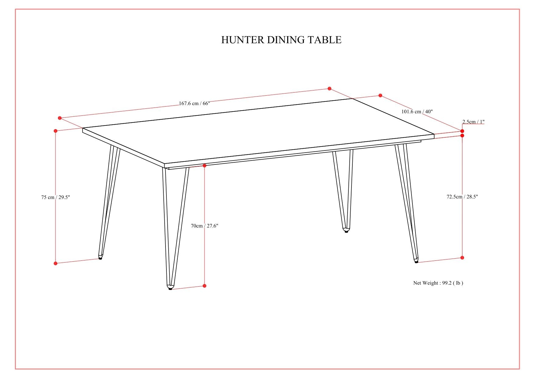 Line drawing of a square dining table labeled "Hunter - Square Tabletop Dining Table," with dimensions: 60" length, 38" width, 29.5" height, and 77 cm between legs. Net weight is shown as 99.2 lbs.