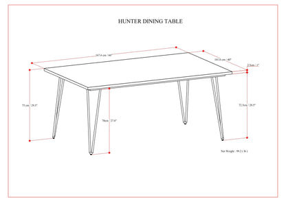 Line drawing of a square dining table labeled "Hunter - Square Tabletop Dining Table," with dimensions: 60" length, 38" width, 29.5" height, and 77 cm between legs. Net weight is shown as 99.2 lbs.