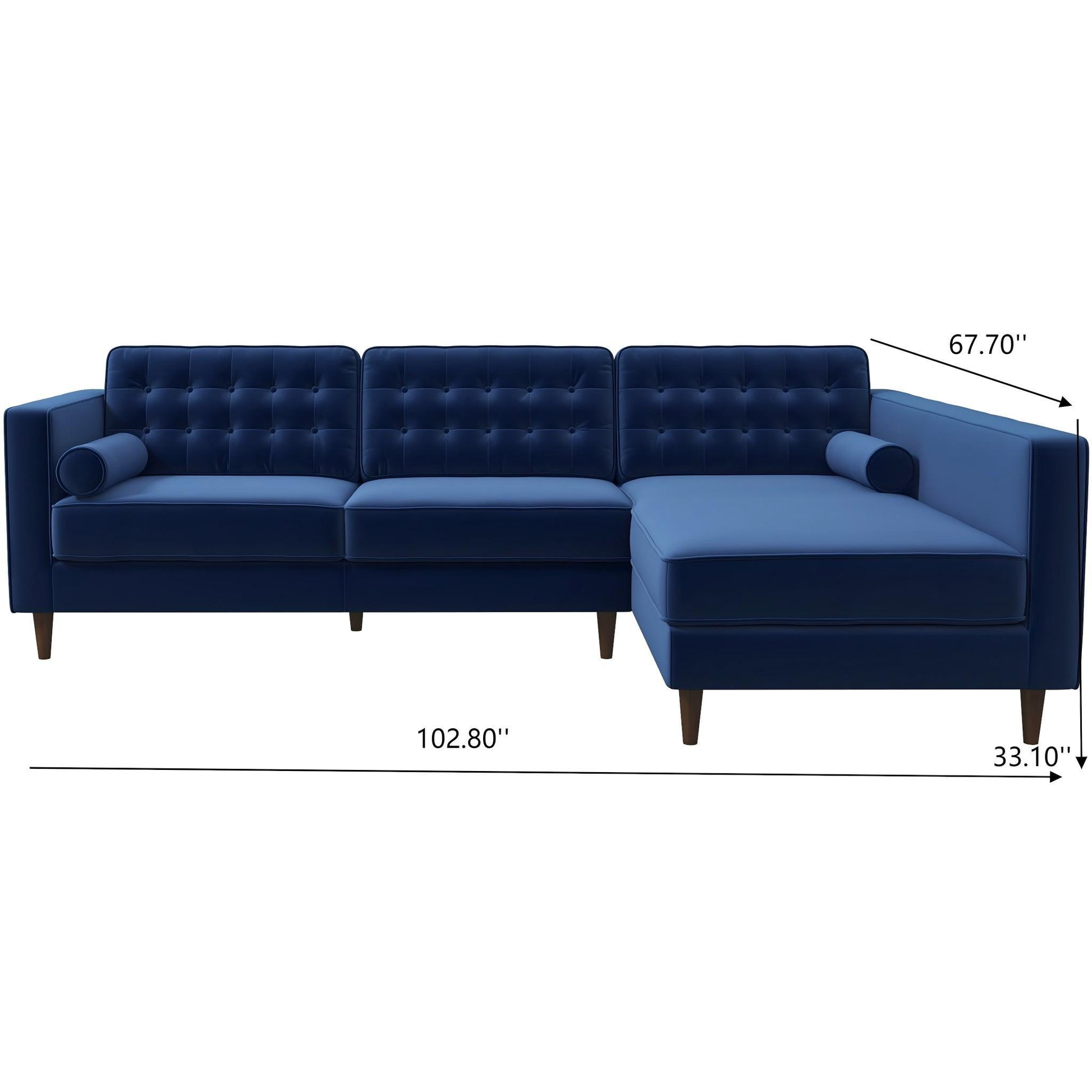The Christian Mid-Century Modern Design Sectional Sofa features a modern blue look with tufted back and seat cushions, two cylindrical bolster pillows, wooden legs, and measures 102.80" W x 67.70" D x 33.10" H.