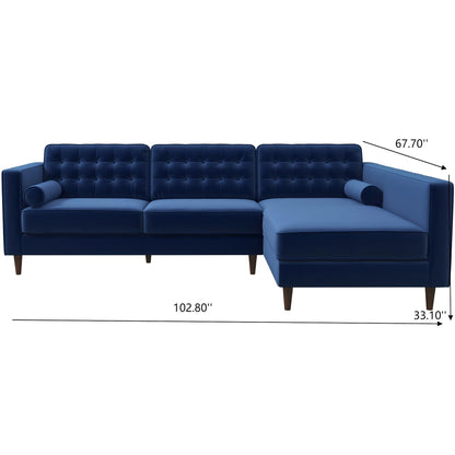 The Christian Mid-Century Modern Design Sectional Sofa features a modern blue look with tufted back and seat cushions, two cylindrical bolster pillows, wooden legs, and measures 102.80" W x 67.70" D x 33.10" H.