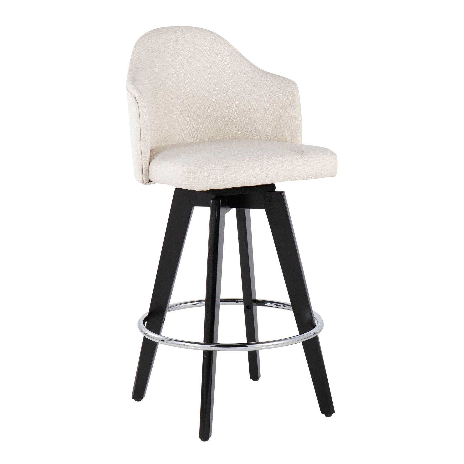 The Ahoy contemporary counter stool set in beige features a cushioned backrest and seat, a sleek black frame with four angled legs, and a chrome footrest ring, blending modern and classic design elements.