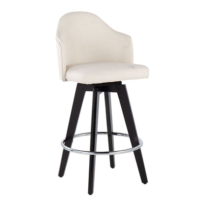 The Ahoy contemporary counter stool set in beige features a cushioned backrest and seat, a sleek black frame with four angled legs, and a chrome footrest ring, blending modern and classic design elements.