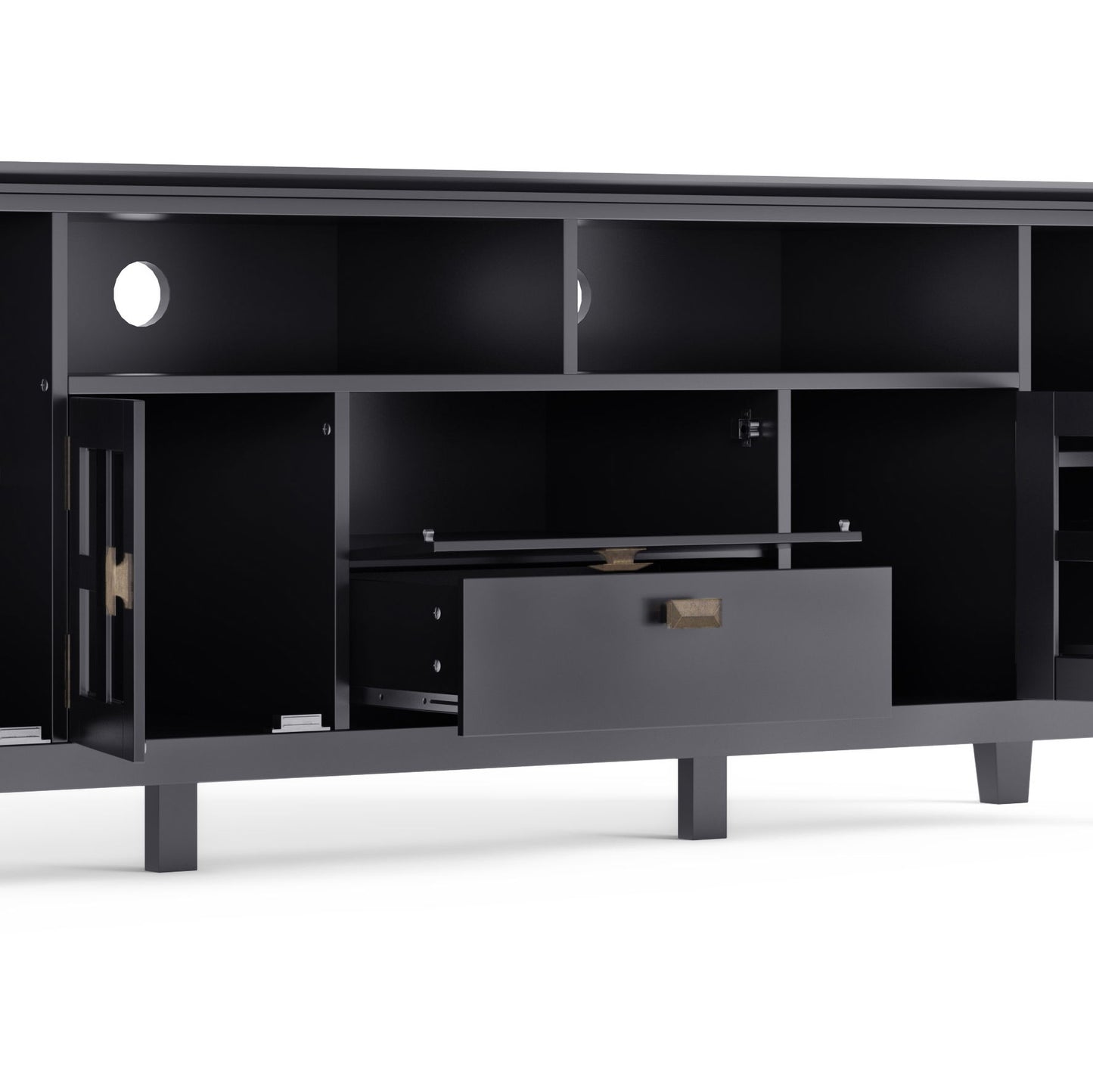 The Artisan TV Media Stand is a modern black unit featuring open shelves, a central pull-out drawer, two cabinets with doors, and circular cable management holes in the back panels.