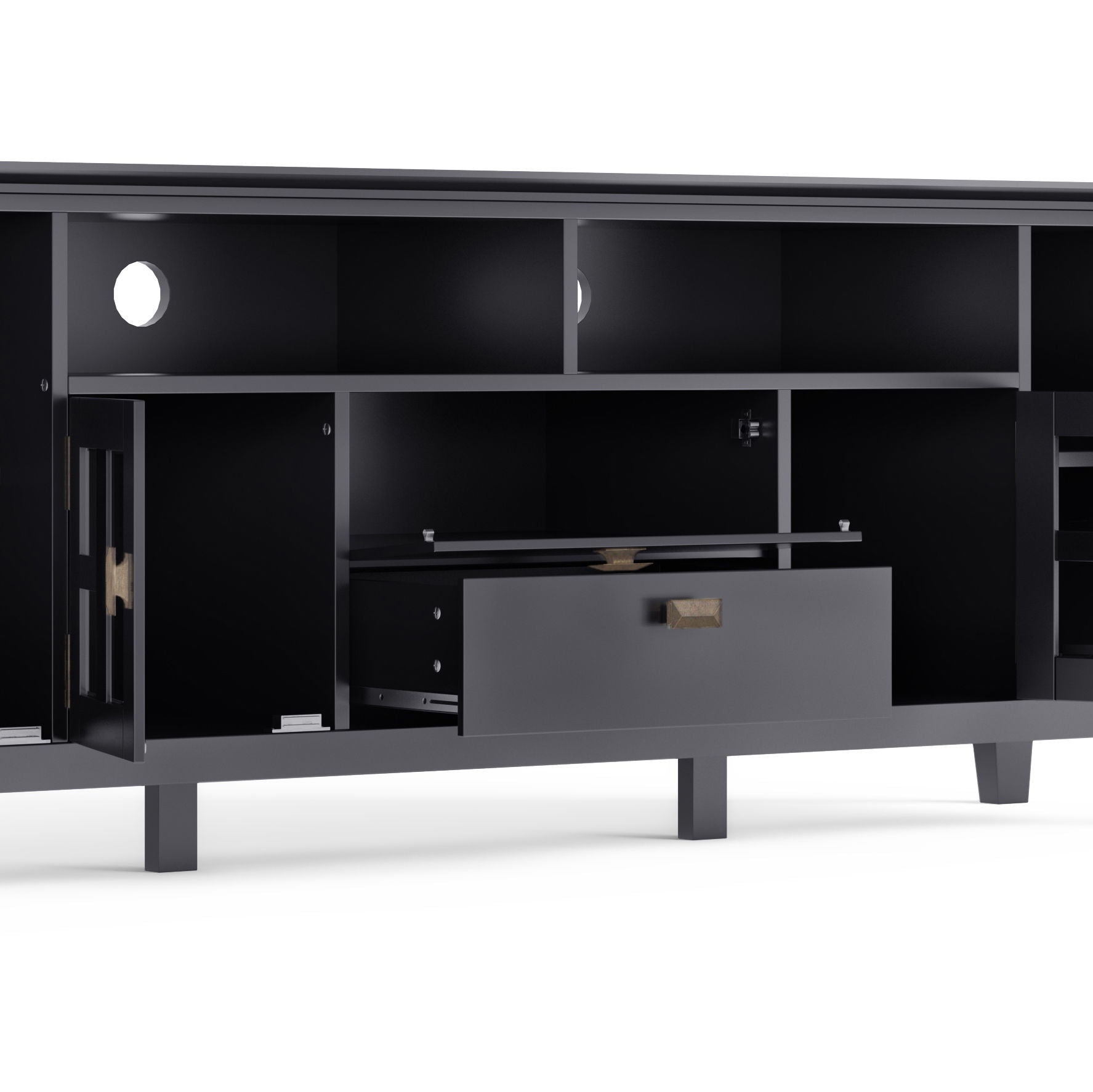 The Artisan TV Media Stand is a modern black unit featuring open shelves, a central pull-out drawer, two cabinets with doors, and circular cable management holes in the back panels.