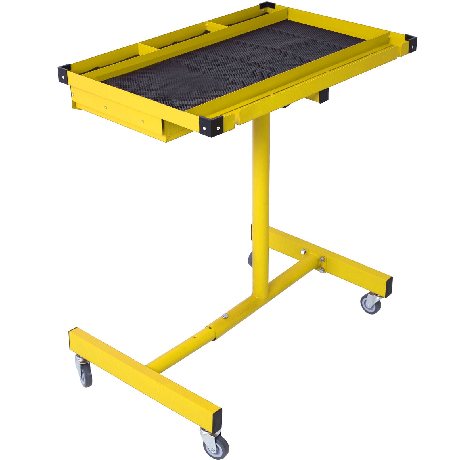 The Adjustable Tear Down Work Table features a drawer, heavy-duty steel build, rubber corners, and four 2.5" swivel casters for easy mobility. It supports up to 220 lbs—ideal for garages, repair shops, and DIY projects.