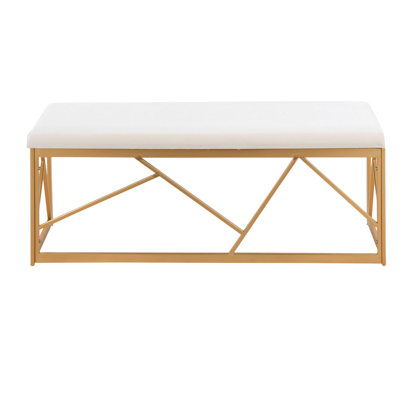 The Folia - Glam Bench features a white cushioned seat and a geometric gold metal frame, displayed from the front on a plain white background.