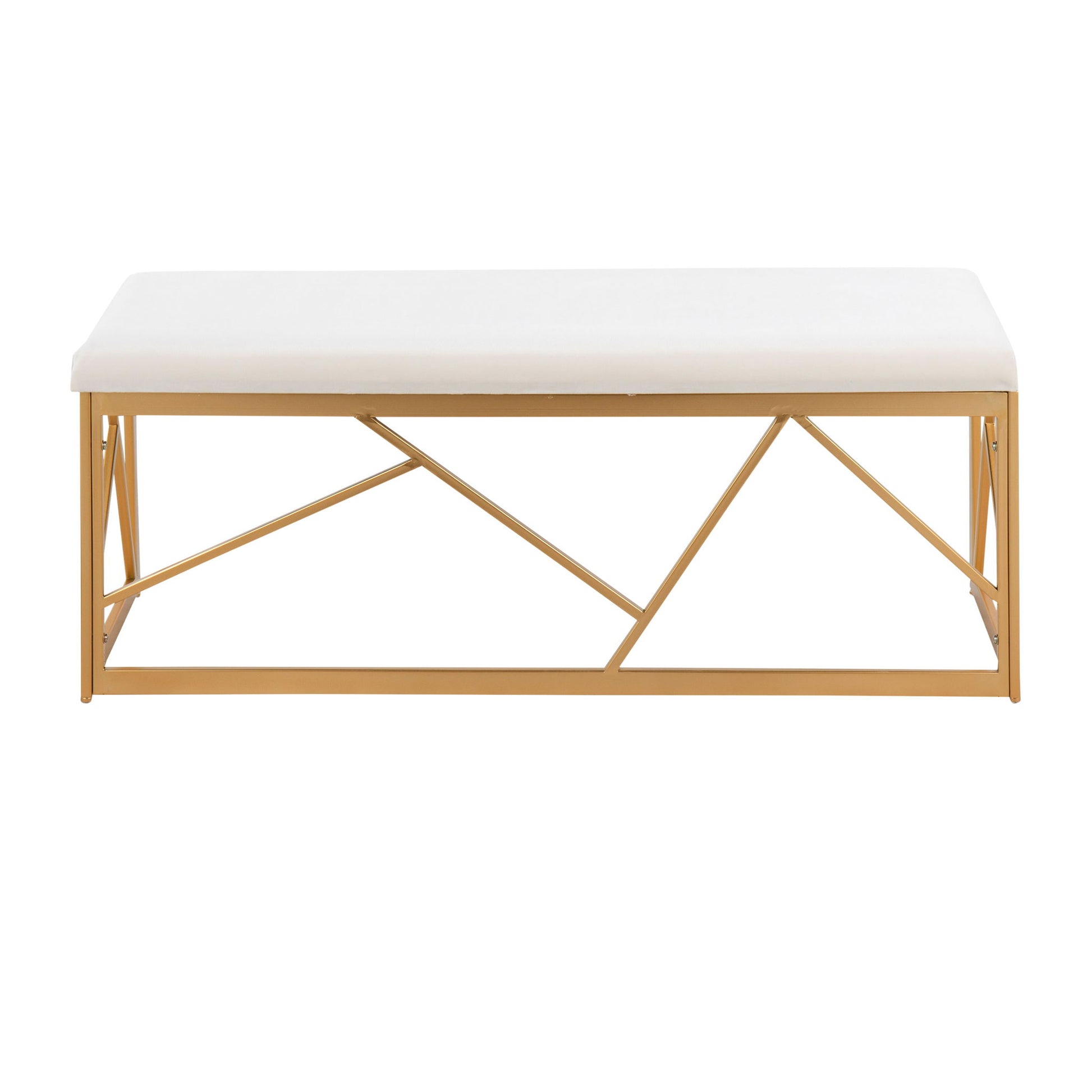 The Folia - Glam Bench features a white cushioned seat and a geometric gold metal frame, displayed from the front on a plain white background.
