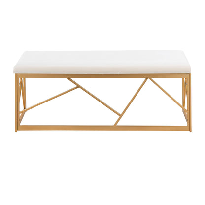 The Folia - Glam Bench features a white cushioned seat and a geometric gold metal frame, displayed from the front on a plain white background.