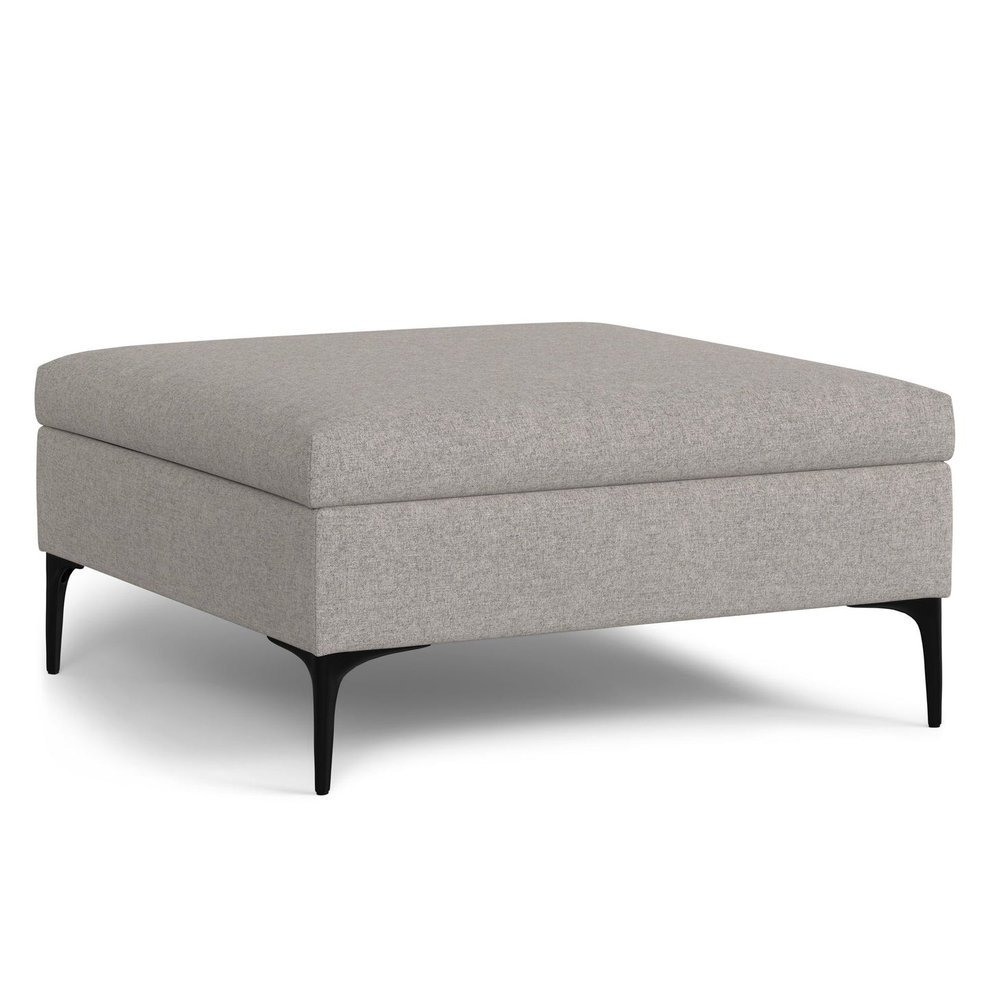 The Rebecca Multifunctional Coffee Table Storage Ottoman features a square, light gray upholstered design with a flat top, slim black metal legs, and a lift-up lid for storage. Shown on a white background.