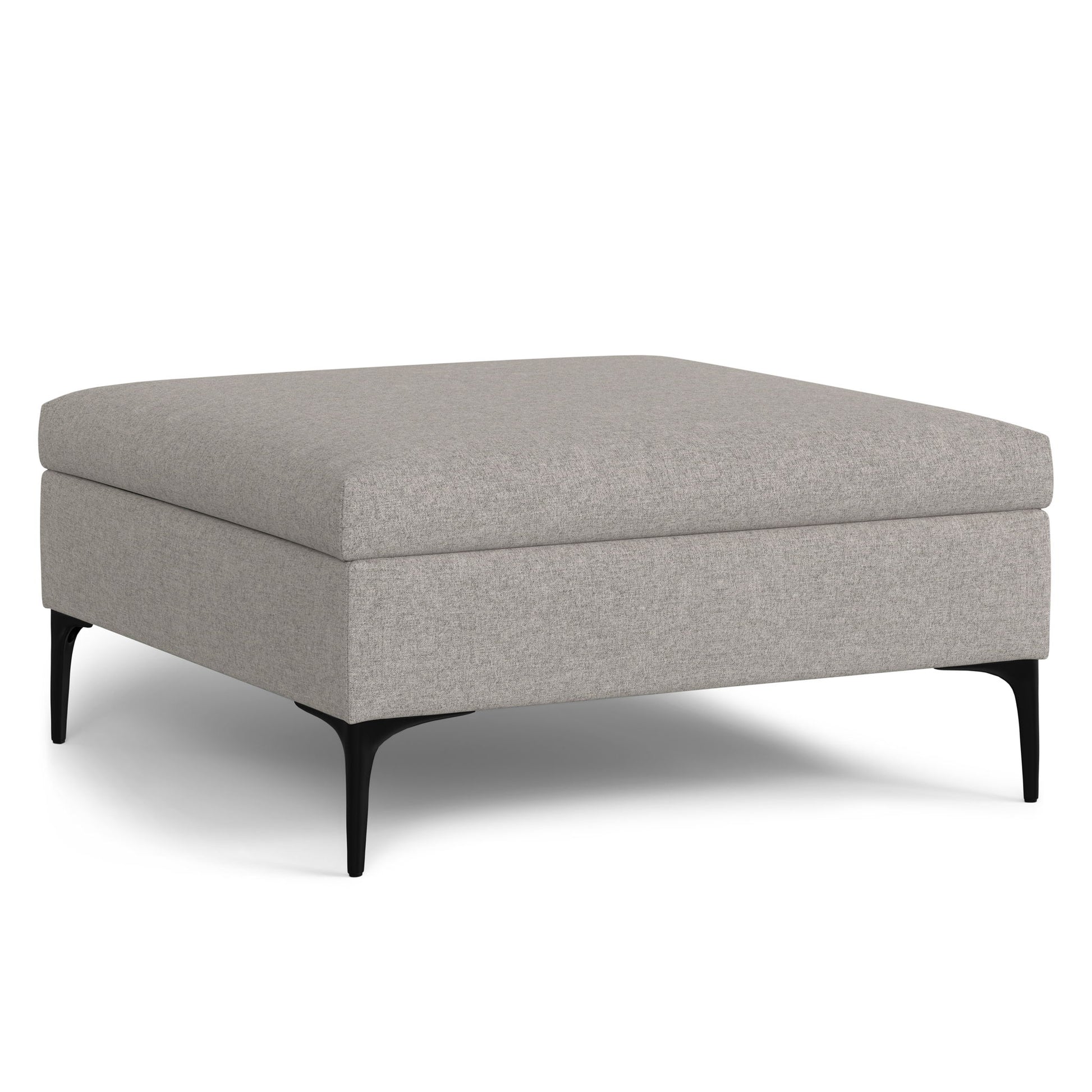 The Rebecca Multifunctional Coffee Table Storage Ottoman features a square, light gray upholstered design with a flat top, slim black metal legs, and a lift-up lid for storage. Shown on a white background.