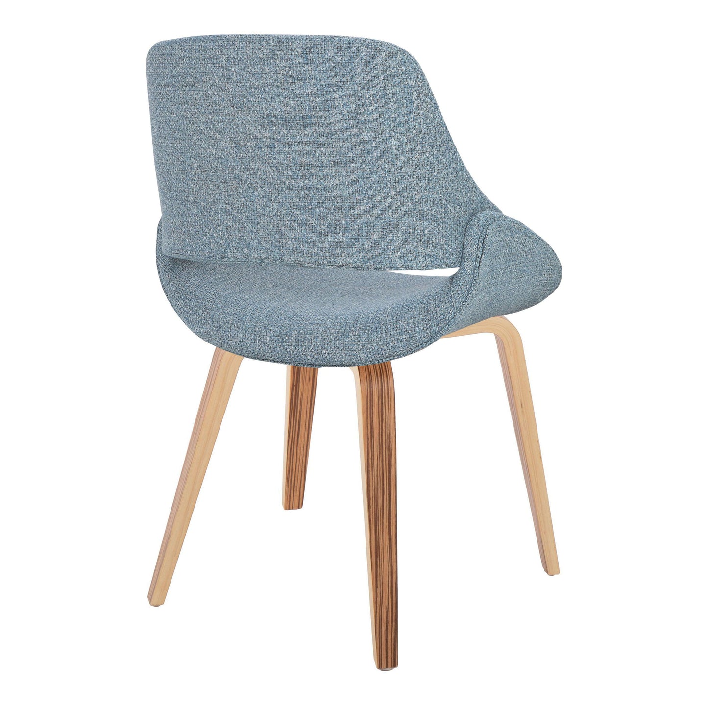 The Fabrico Mid Century Modern Dining Chair (Set of 2) features a curved, ergonomic design with blue upholstered seat and backrest, plus four angled wooden legs for style and comfort.