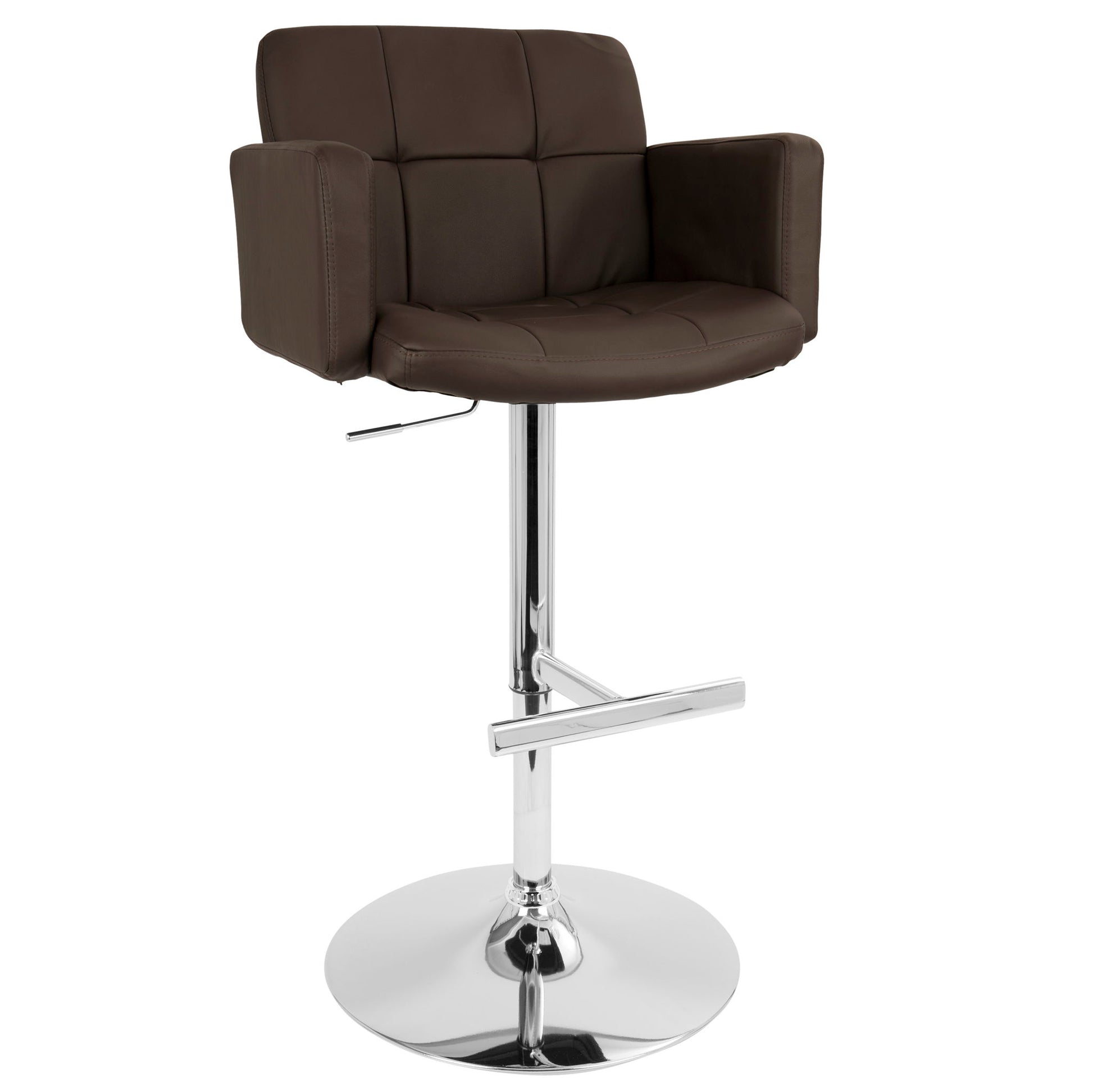 The Stout - Contemporary Adjustable Barstool With Swivel features a brown cushioned seat and backrest, armrests, chrome metal base, footrest, swivel function, and height adjustment lever for modern comfort.